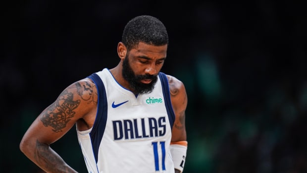Mar 1, 2024; Boston, Massachusetts, USA; Dallas Mavericks guard Kyrie Irving (11) on the court against the Boston Celtics in the second half at TD Garden.